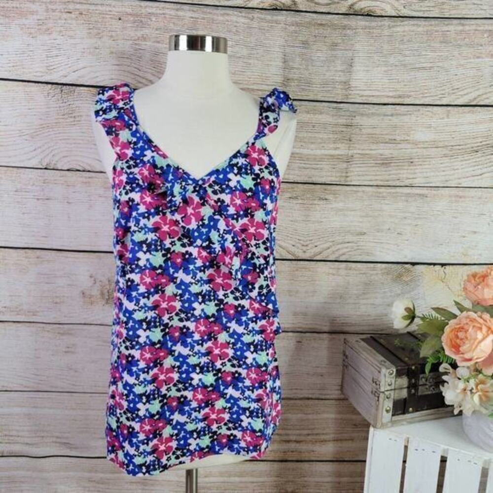 Du Jour Printed Ruffle Tank Blue Purple Light Pink‎ Small